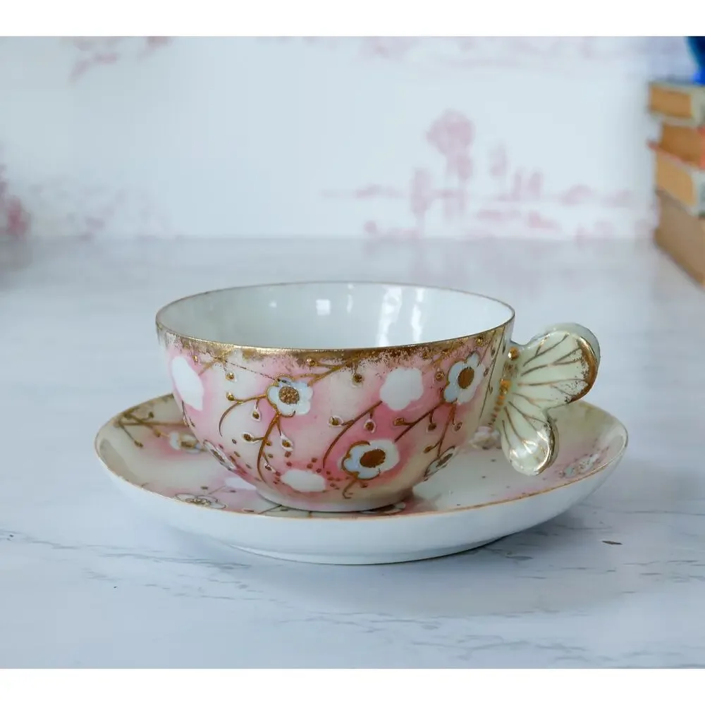 VTG Sakura Floral Butterfly Handle Teacup Set Grandmillennial Chinoiserie Retro